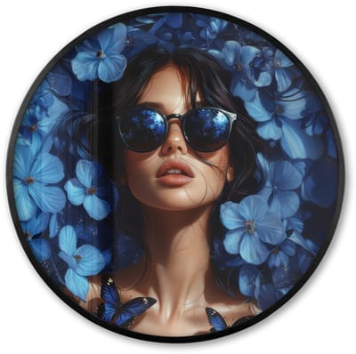 Poster in lijst Rond - Fotolijst 60x60 cm - Posters - Vrouw - Blauw - Bloemen - Vlinders - Natuur - Ronde posterlijst zwart - Decoratie - Wanddecoratie woonkamer - Muurdecoratie slaapkamer