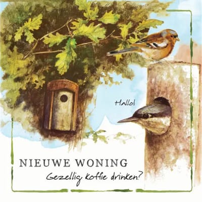 Rien Poortvliet Wenskaart Nieuwe woning – Gezellig koffie drinken? – Vogels – 13,5 x 13,5 cm