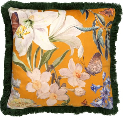Dutch Decor HANNA - sierkussen 45x45 cm - bloemen - vlinders - franjes - Golden Glow - geel - Inclusief binnenkussen