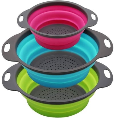TOVBMUP 3 Stuks Opvouwbare Keukenzeven - Afwasbaar Siliconen Siep Set - Sneldrainage met Anti-slip Bodem - Geschikt voor Pasta, Groenten en Fruit - Handwas en Vaatwasser Veilig - Silicone en Kunststof