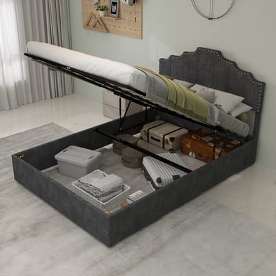 Tweepersoonsbedden - 140x200CM - Modern Minimalistisch Zacht Bed Met Comfortabel Hoofdbord - Hoge Box Met Pneumatische Stang - Grijs (Geen Matras)