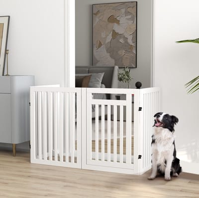 HAUSS SPOLE Hondenhek – Opvouwbaar En Vrijstaand – 240 x 81 cm – MDF – Wit – Met Deur Voor Binnengebruik – Met Steunvoeten