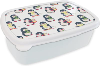 Broodtrommel Wit - Lunchbox - Brooddoos - Pinguïn - Ski - Winter - Kind - Patronen - 18x12x6 cm - Volwassenen