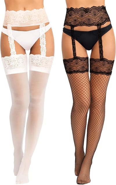 2 Paar Dames Panty Kousen met Visnet en Kant Patroon, Hoge Dikke Kousen met Garter en Bloemenprint voor Vrouwen en Meisjes