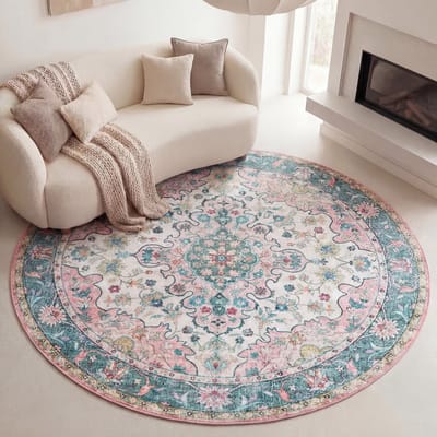 Fraai Rond vintage vloerkleed - Lily Oriental Blauw/Roze - Ø 120cm