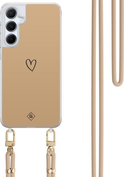 Casimoda® hoesje met koord - Geschikt voor Samsung A55 - Hart Bruin - Afneembaar koord - TPU/polycarbonaat - Bruin/beige