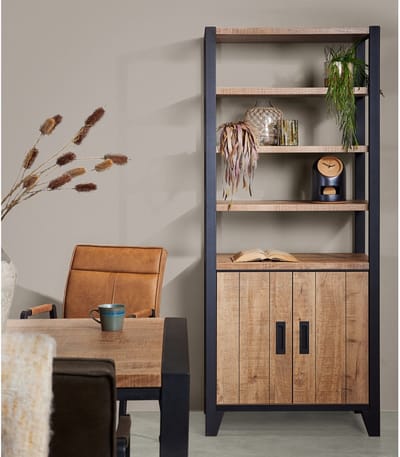 Wandkast Tilburg - Houtlook/Metaal - Bruin/Zwart - 82x190x45 cm (BxHxD)