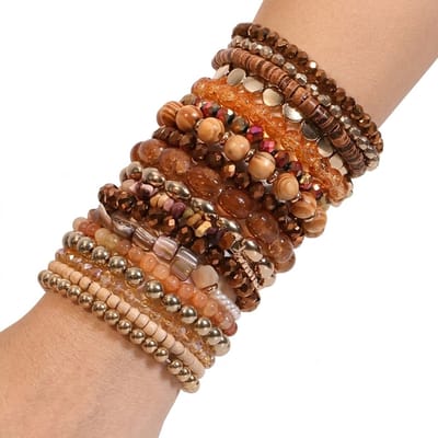 Bruin beige goudkleurig kralen armband dames armbandenset 18 delig meerlaags kralen armband met facet kralen natuursteen look kralen elastische armbanden set bohemian stijl sieraden