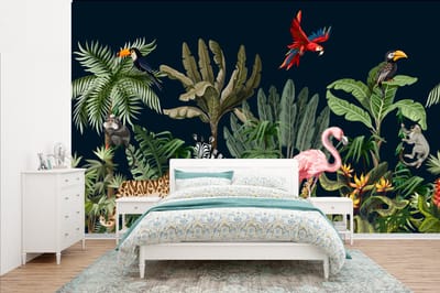 Behang - Fotobehang Jungle - Planten - Dieren - Kinderen - Flamingo - Zebra - Breedte 385 cm x hoogte 240 cm