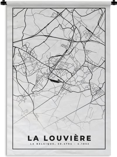 Wandkleed - Wanddoek - België – La Louvière – Stadskaart – Kaart – Zwart Wit – Plattegrond - 120x180 cm - Wandtapijt