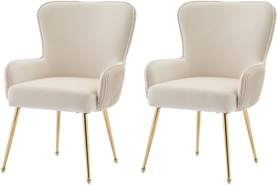 Fluwelen eetkamerstoel - set van 2 - woonkamer - slaapkamer - loungestoel - met armleuningen en verstelbare poten - lendensteun - beige en goud