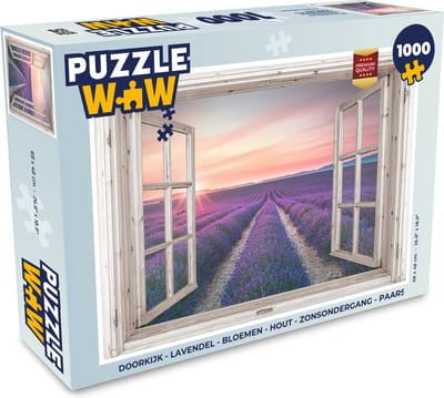 Puzzel Doorkijk - Lavendel - Bloemen - Hout - Zonsondergang - Paars - Legpuzzel - Puzzel 1000 stukjes volwassenen