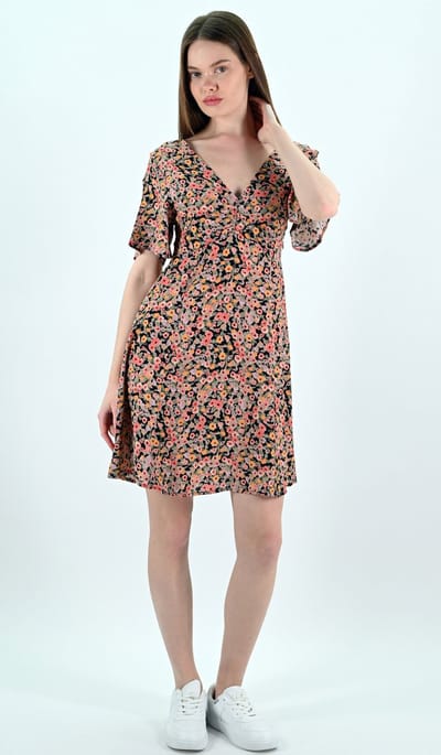YesMooi - Mini Jurk met Bloemenprint - V-hals en Open Rug - S (36) - Roze | Oranje | Beige