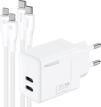 Phreeze usb C adapter 35w geschikt voor iPhone en iPad - Met Lightning kabel - Power Delivery snellader met 2 kabels 1m