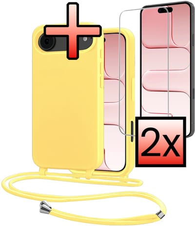 Hoes Geschikt voor iPhone Air Met Telefoonkoord Met 2x Screenprotector - Siliconen Hoesje Backcover Met Ketting - Geel