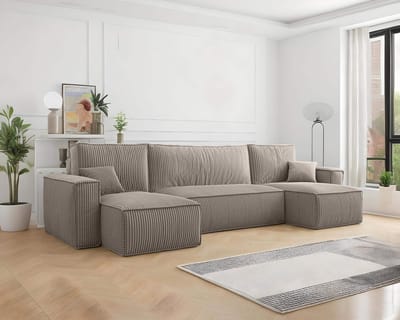U-bank Frenkie - Ribstof - Beige - Slaapbank met opbergruimte - Lounge Links of Rechts - Direct Leverbaar - U-zetel - Chaise longue - Zetel met slaapgedeelte - 4 zits - Zitcomfort Medium