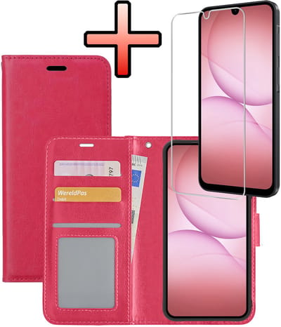 Hoesje - Met Screenprotector - Geschikt voor Samsung Galaxy A17 - Luxe Pasjeshouder - Bookcase Portemonee - Flip Case - Kunstleer Book Case - Flipcase - Book Cover - Walletcase - Portemonneehoes - Donkerroze
