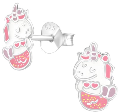 Joy|S - Zilveren zeemeermin oorbellen - mermicorn - wit met glitter roze
