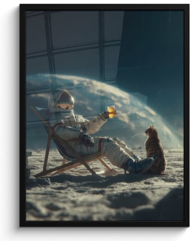 Poster in lijst - Fotolijst 60x80 cm - Posters - Astronaut - Kat - Glas - Stoel - Posterlijst zwart - Decoratie - Wanddecoratie woonkamer - Muurdecoratie slaapkamer