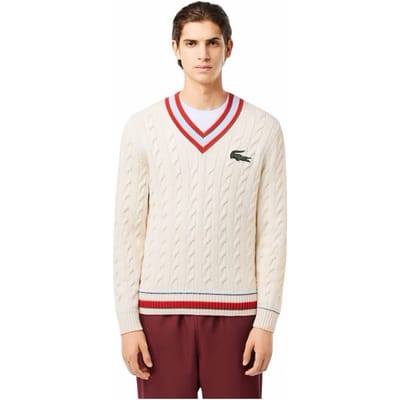 Lacoste Unisex Volwassen Kabelgebreide Boord Trui (Crème/Rood)