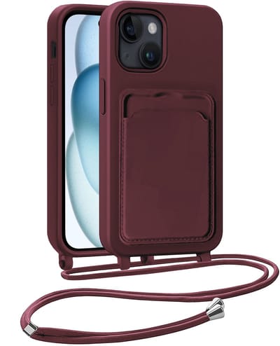 Hoesje Geschikt voor iPhone 15 Plus Hoesje Met Telefoonkoord en Pasjeshouder Siliconen - Hoes Geschikt voor iPhone 15 Plus Hoesje Met Kaarthouder Case - Aubergine