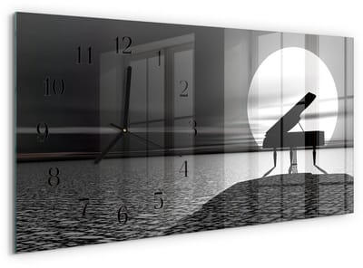 Tulup Wandklok - Piano Moderne Glazen Wandklok - 60x30 cm - Zwart-wit Wandklok Glas Met Motief - Zwarte Handen - Rechthoekige Wandklok - Wandklok Glas Met Motief - Decoratieve Glazen Klok