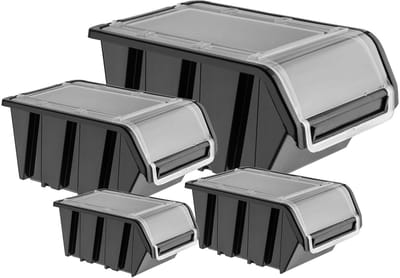 KADAX Stapelkist met deksel, opbergbox van PP-kunststof, opbergbox in verschillende maten en kleuren, opbergdozen met klep voor gereedschapswand (zwart, 10 stuks, 195 x 120 mm)