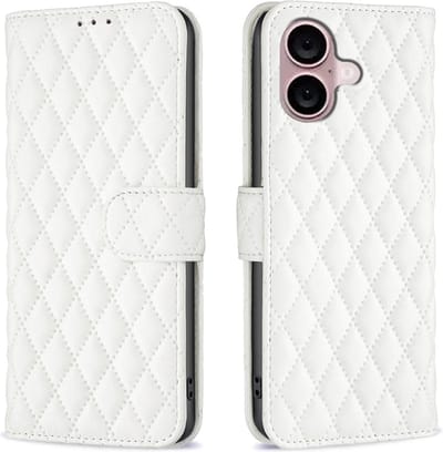 BINFEN Hoesje - Geschikt voor iPhone 16 Hoesje - BINFEN Rhombus Book Case - Wit