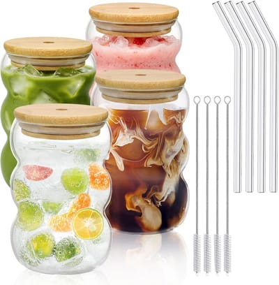 latte glas, 4 st 550 ml glazen bekers met deksel en rietjes latte glas, bubbelglasbeker, macchiato-glas, cocktailglas, koffieglas ijskoffie drinkglas met borstel en rietje
