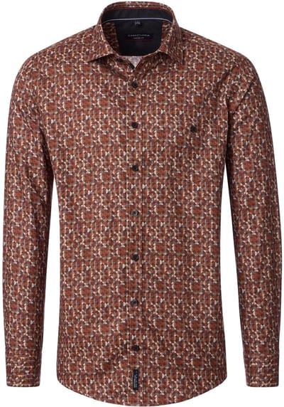 CASA MODA Sport casual fit overhemd - twill - oranje met bruin en wit dessin - Strijkvriendelijk - Boordmaat: 41 - 42