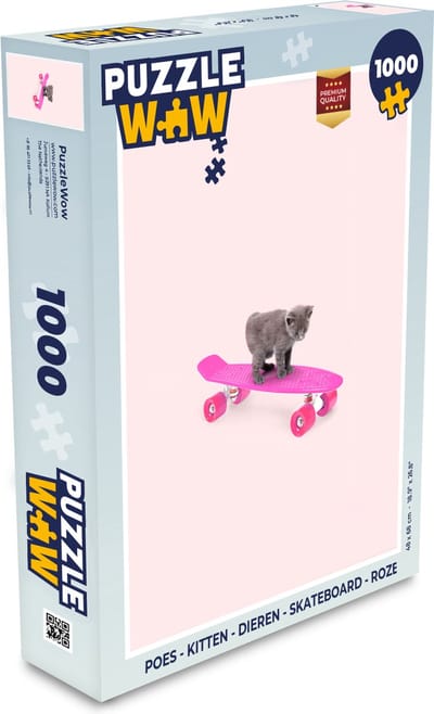Puzzel Poes - Kitten - Dieren - Skateboard - Roze - Legpuzzel - Puzzel 1000 stukjes volwassenen