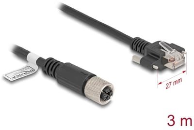 Delock M12 Cable X-coded 8 pin female to RJ45 plug with screws Cat.6A S/FTP 3 m black