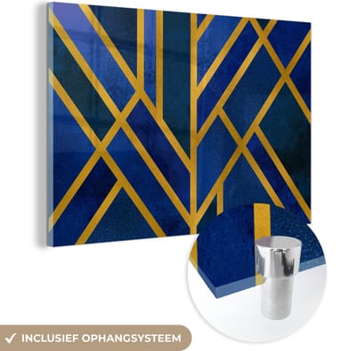 MuchoWow® Glasschilderij 60x40 cm - Schilderij acrylglas - Goud - Blauw - Patroon - Foto op glas - Schilderijen