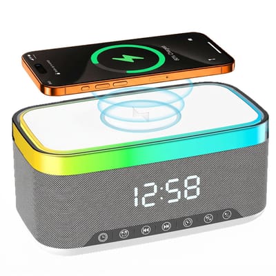 carmdering - Radio Wecker - Digitale Wekkerradio -Slimme Wekker - Digitale Klok Slaapkamer - Wekker voor kinderen & volwassenen - 6-in-1 Bluetooth-luidspreker & 15W Draadloos Oplader - Wit Metaal - FM-radio