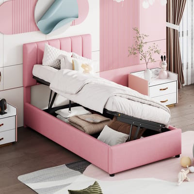 MEUNIQ Kinderbed 90x200 cm met hydraulische opbergruimte, verstelbaar hoofdbord, lattenbodem en gestoffeerd linnenlook bedframe voor kinderkamer, roze