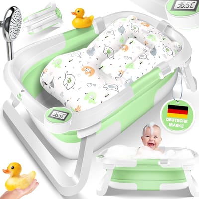KIDIZ® Babybadje Opvouwbaar met Thermometer | Peuterbadje Ergonomisch, Rutschvrij, Met Zacht Badkussen en Afvoer | Babybad / Baby Bad Set Voor Baby's van 0-12 Maanden | Babybadset - Groen