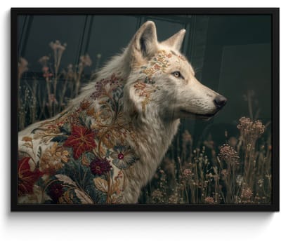 Poster in lijst - Fotolijst 80x60 cm - Posters - Wolf - Bloemen - Natuur - Posterlijst zwart - Decoratie - Wanddecoratie woonkamer - Muurdecoratie slaapkamer