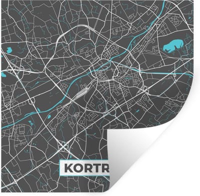 Muurstickers - Sticker Folie - België – Kortrijk – Stadskaart – Kaart – Blauw – Plattegrond - 100x100 cm - Plakfolie - Muurstickers Kinderkamer - Zelfklevend Behang XXL - Zelfklevend behangpapier - Stickerfolie