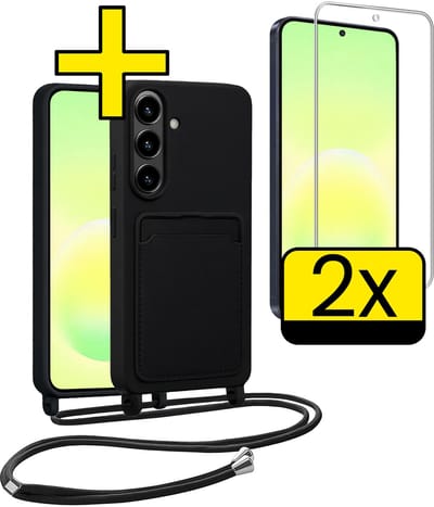 Hoesje Geschikt voor Samsung A57 Hoesje Met Koord Met 2x Screenprotector Siliconen Case - Hoes Geschikt voor Samsung Galaxy A57 Backcover Met Afneembaar Koord - Zwart