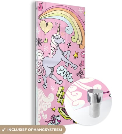 MuchoWow® Glasschilderij 60x120 cm - Schilderij acrylglas - Meisjes - Design - Unicorn - Regenboog - Roze - Foto op glas - Schilderijen