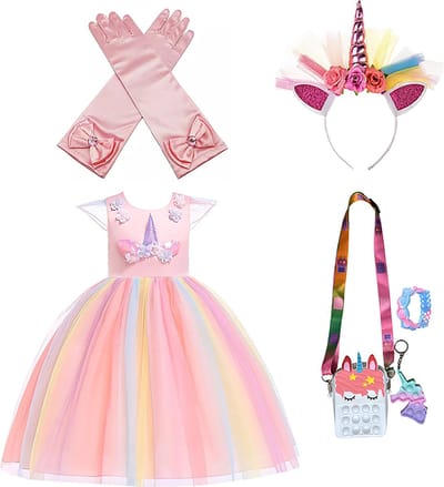 Het Betere Merk Unicorn jurk - Prinsessenjurk meisje - verkleedkleren - fidget toys pakket - maat 110/116 - Eenhoorn - haarband - roze