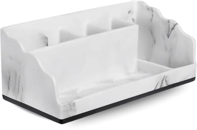JustValue Badkamer Organizer - Tandenborstelhouder - Meerdere Vakken - Antislip - Met Drainagegaten - Voor Elektrische Tandenborstels - Make-Up - Kwasten - Marmerlook -Wit