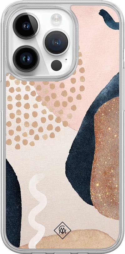 Casimoda® hoesje - Geschikt voor iPhone 14 Pro - Abstract Dots - 2-in-1 case - Schokbestendig - Geometrisch patroon - Verhoogde randen - Bruin/beige, Transparant