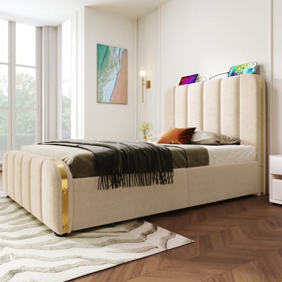 Gestoffeerd bed 90x200 cm - hoofdeinde met gouden sierstrips - USB Type-C oplaadfunctie - met 4 lades - beige - zonder matras