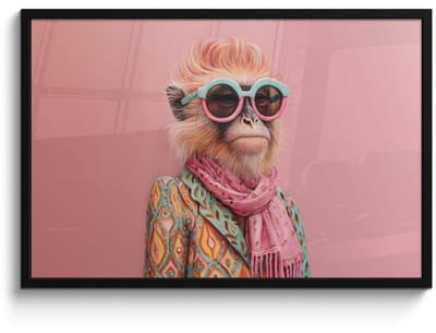 Poster in lijst - Fotolijst 90x60 cm - Posters - Sjaal - Aap - Zonnebril - Jasje - Posterlijst zwart - Decoratie - Wanddecoratie woonkamer - Muurdecoratie slaapkamer