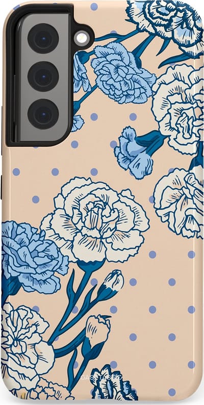 Casetastic hoesje geschikt voor Samsung Galaxy S22 - Dubbellaagse bescherming - Anjer elegantie - Fashion Case - Zand Zilver Lichtblauw
