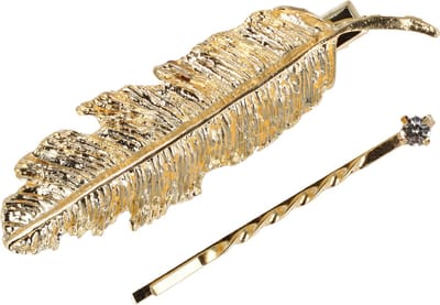 Haarsoires Haarspeld Duckklem en Schuifspeldje 7cm – Veervorm en Strass Steentje – Goud – Set van 2 - Sterke Haarclip voor Styling & Dagelijks Gebruik - Hair Clip - Decoratieve Haaraccessoire