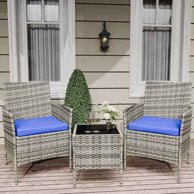 Tuinset 3-delig - Lounge Set met Rotan Fauteuils en Kussens voor 2 Personen - Balkonset met Glazen Salontafel - voor Terras en Tuin - Grijs + Blauw