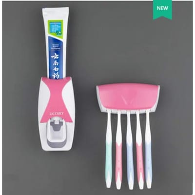 2 STUKS Automatische Tandpasta Dispenser Wandmontage Stofdichte Tandenborstelhouder Wandmontage Badkamer Accessoires Set Knijper roze