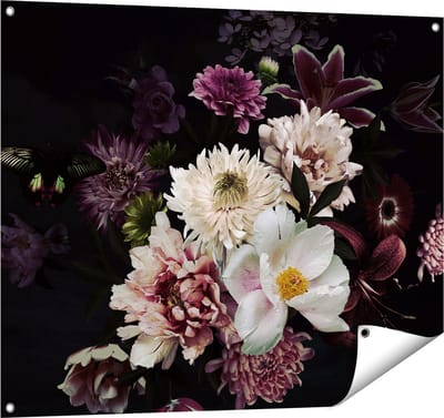 Gards Tuinposter Diverse Bloemen op Zwart Achtergrond - 100x80 cm - Tuindoek - Tuindecoratie - Wanddecoratie buiten - Tuinschilderij